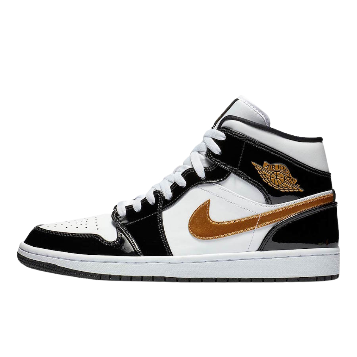 Jordan 1 Mid Patent Black White Gold 852542 007